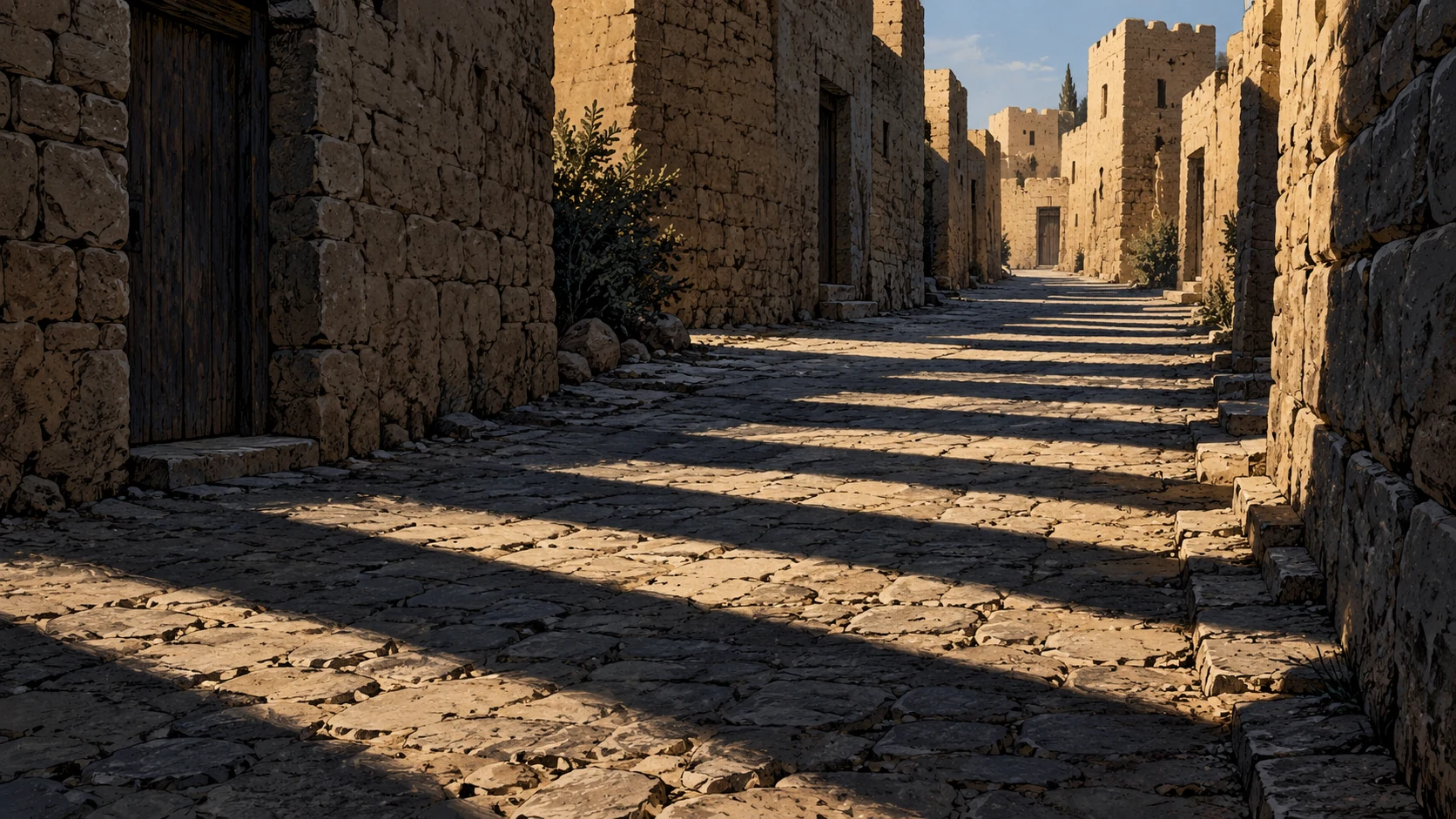 Poetic visual interpretation: Repeated narrow shadows across an empty ancient street, metaphor of persistent hostility, no crowd.