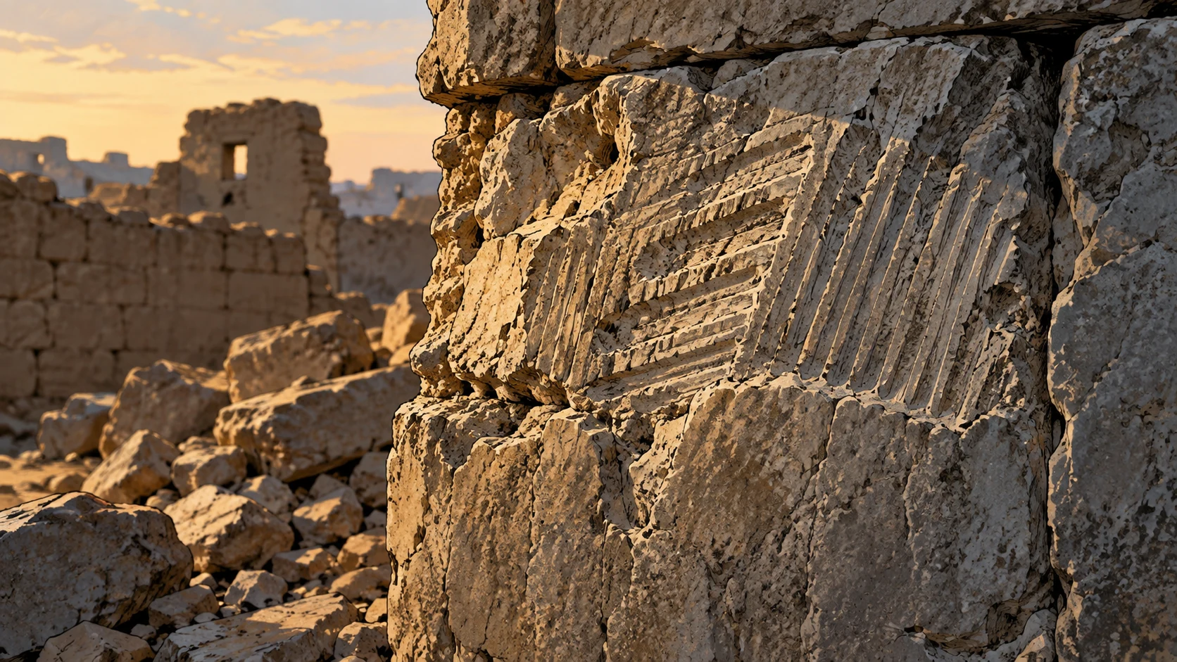 Poetic visual interpretation: Close view of rough tool marks in damaged masonry, accountability for works, no revenge action.