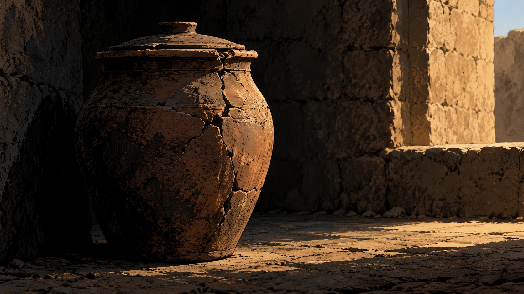 Poetic visual interpretation: A closed cracked clay vessel in heavy shadow, metaphor for hardened hearts, no literal heart or curse effects.
