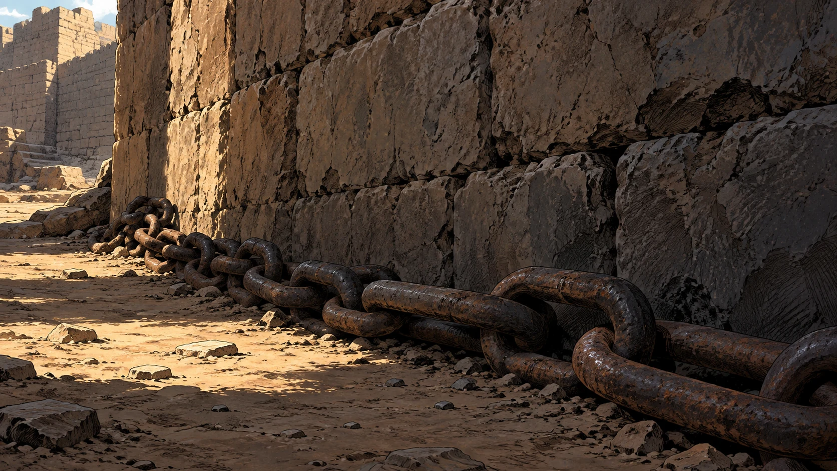 Poetic visual interpretation: A heavy unoccupied iron chain lies at the base of a close enclosing wall, no prisoner abuse.