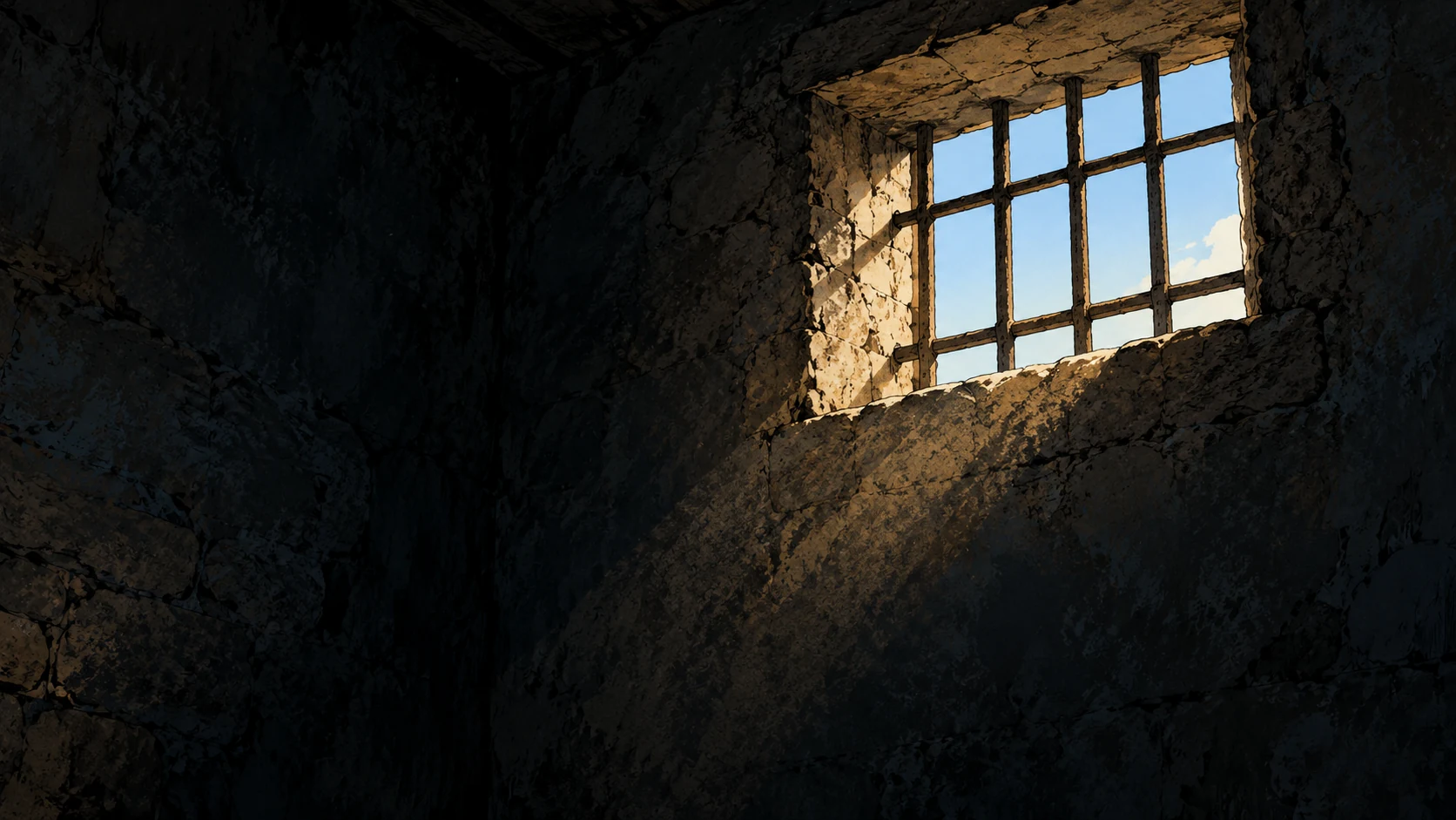 Poetic visual interpretation: An empty high window barred by stone above dark room, metaphor for unanswered prayer, no heavenly figure.