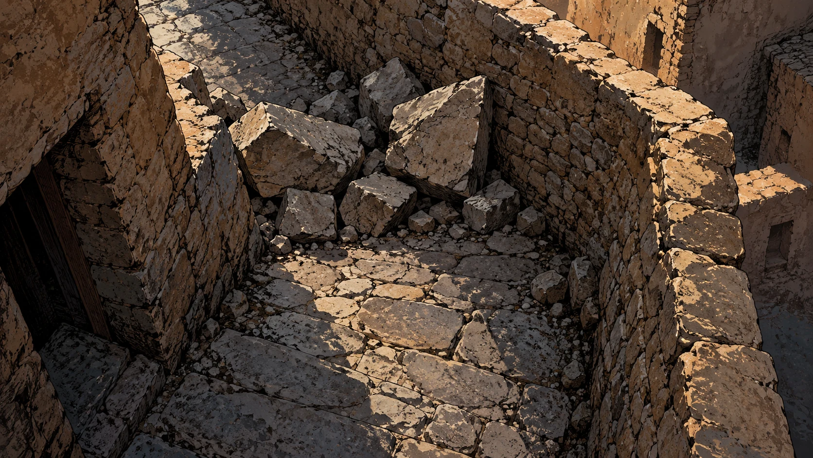 Poetic visual interpretation: Overhead view of a rough stone path blocked by angular masonry and turning abruptly.