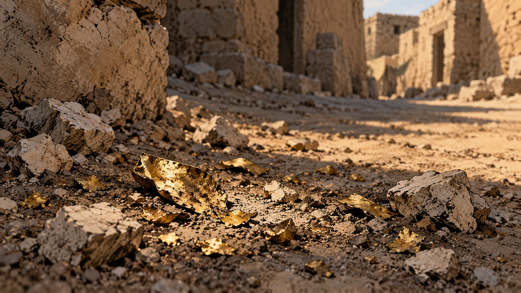 Poetic visual interpretation: Tarnished gold flecks and scattered limestone fragments in street dust, sober close still life.