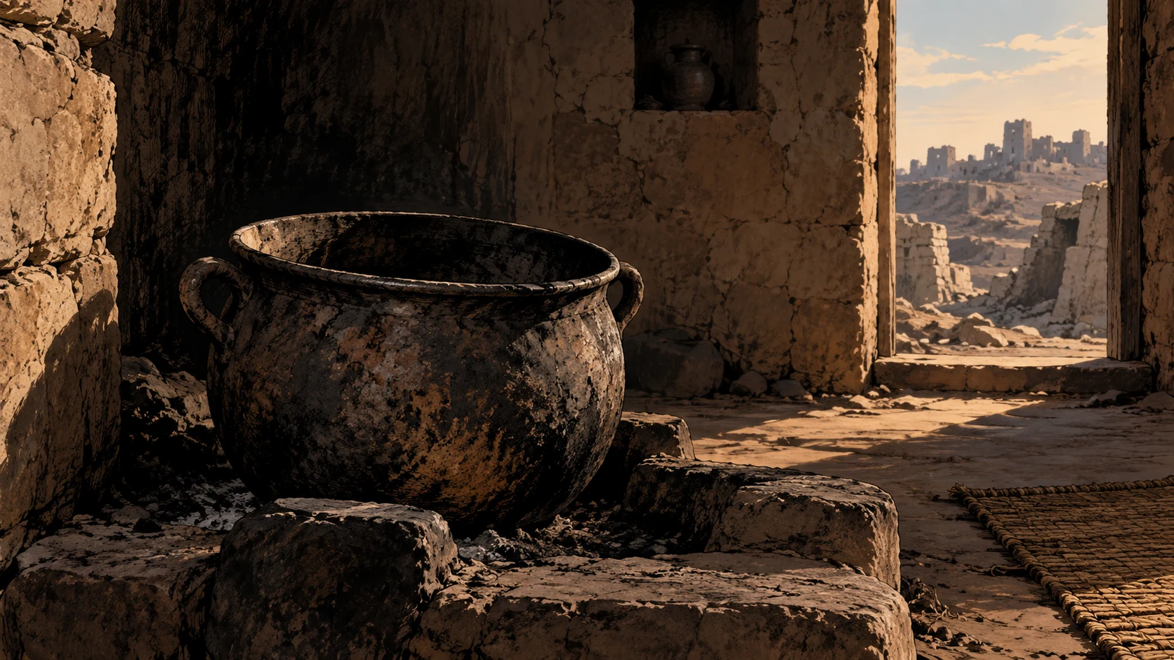 Poetic visual interpretation: Cold empty cooking pot in a devastated household, restrained indirect acknowledgment of the verse's atrocity, absolutely no children, food, remains, gore or action.
