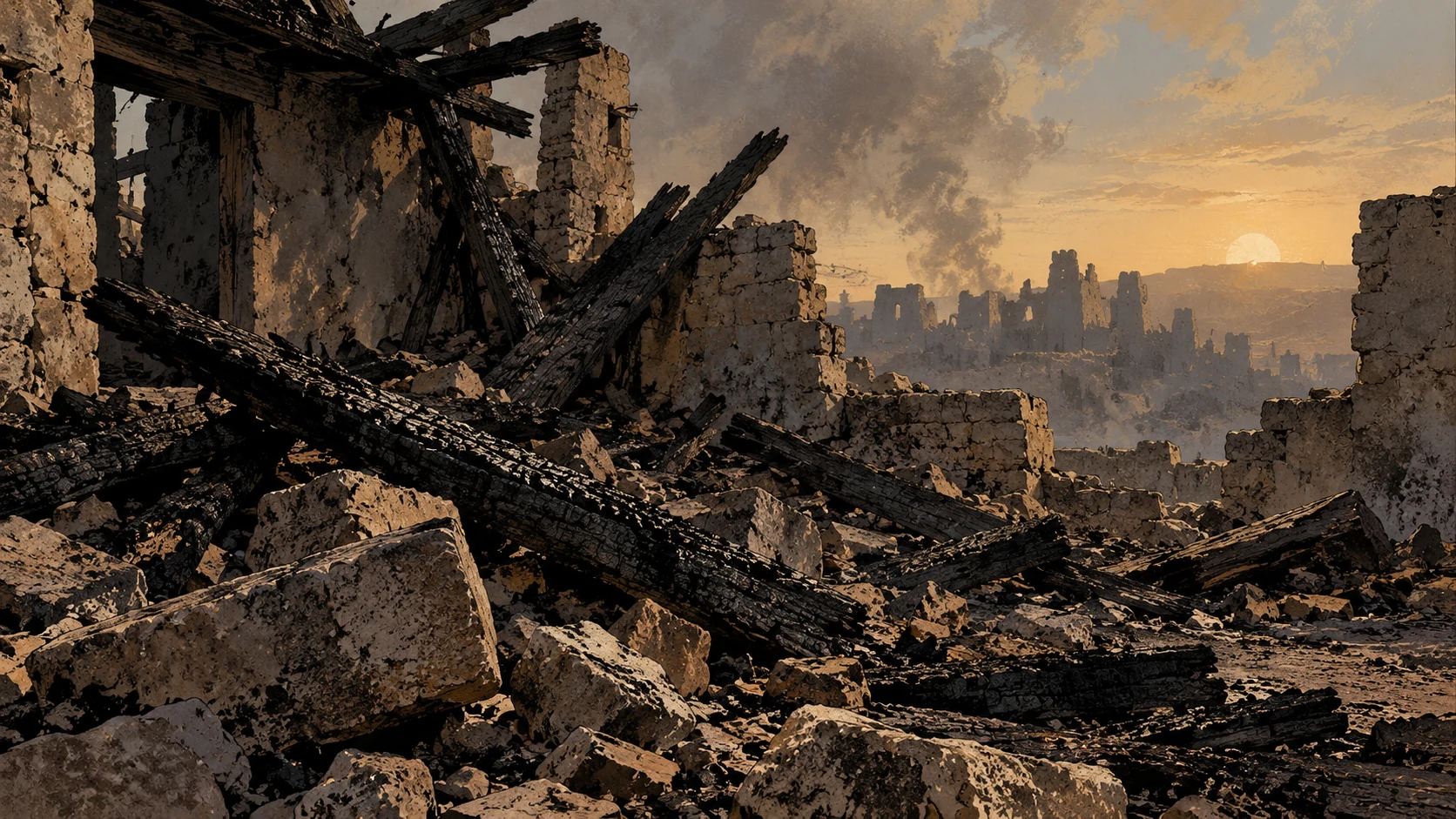 Poetic visual interpretation: Cold charred beams and broken foundation stones, aftermath only, no spectacle or deity.
