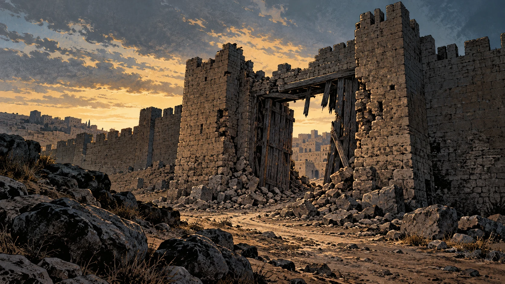 Poetic visual interpretation: Wide view of an ancient breached city gate seen from outside, no named kings or attacking army.