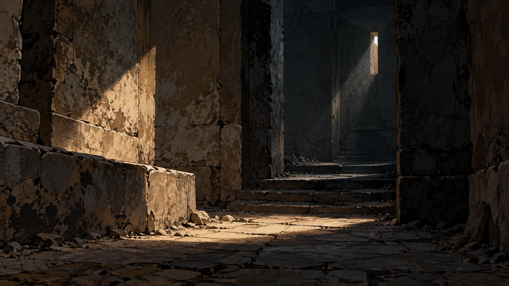 Poetic visual interpretation: A dark unoccupied sanctuary passage with stained rough stone kept non-graphic and ambiguous, sins acknowledged in Scripture, no murder event.