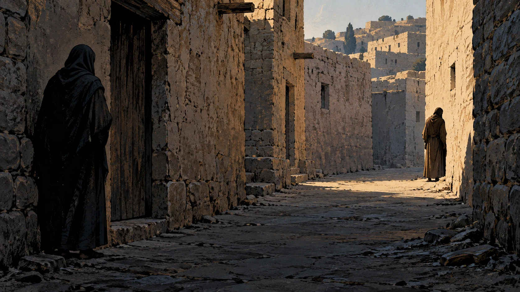 Poetic visual interpretation: An empty narrow street separates two distant indistinct anonymous adult silhouettes, exclusion implied without staged confrontation.