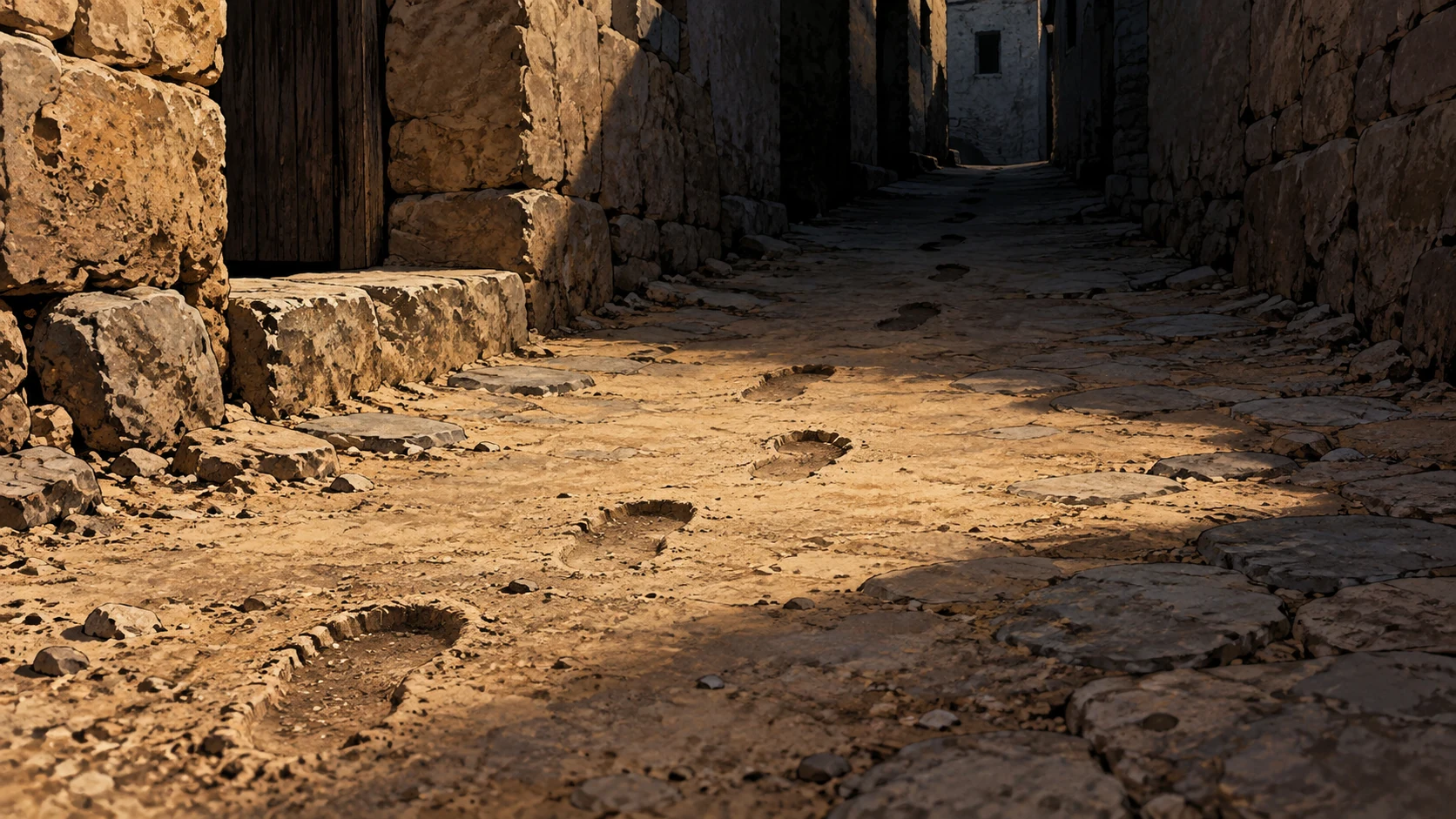 Poetic visual interpretation: Close view of worn footprints disappearing into shadow along an ancient alley, no chase actor.