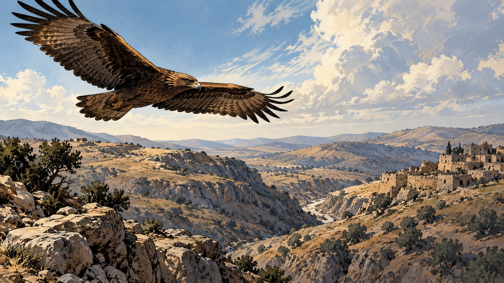 Poetic visual interpretation: An eagle high above rugged hills, explicit poetic comparison, no ambush invented.