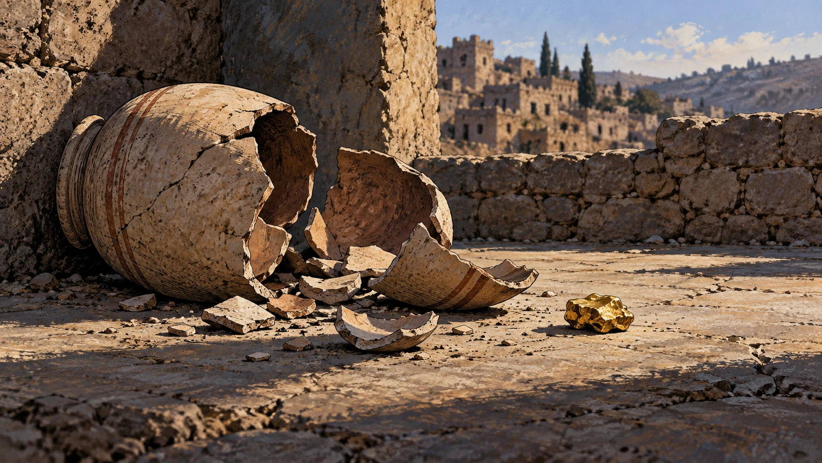 Poetic visual interpretation: A fine plain ceramic jar broken into shards beside a tiny dull gold piece, disclosed comparison, no human made of clay.