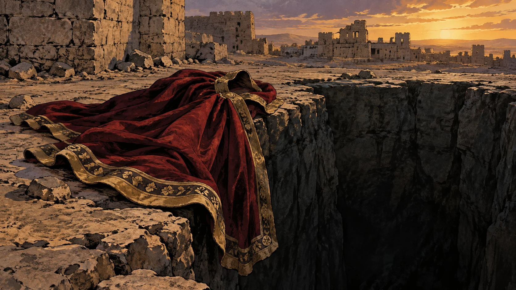 Poetic visual interpretation: An empty simple royal-looking mantle beside a dark pit edge, symbolic loss of protection, no named king or portrait.