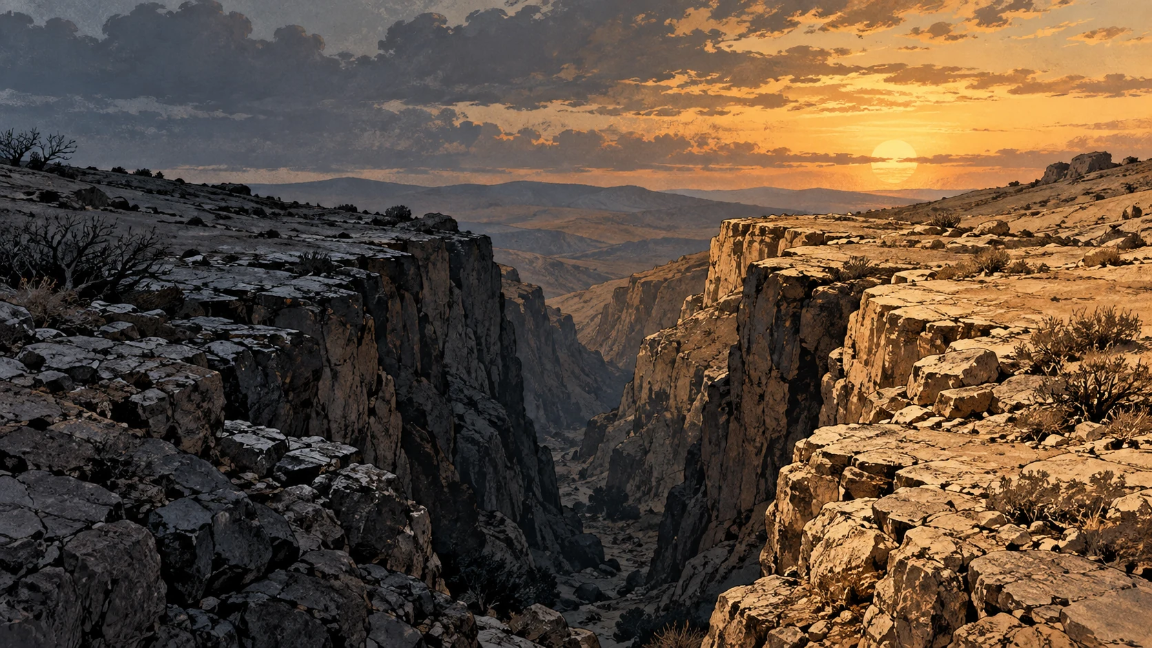 Poetic visual interpretation: Two contrasting bare rocky horizons separated by a narrow natural ravine, judgment and limit remain in Scripture, no rebuilt city or punishment spectacle.