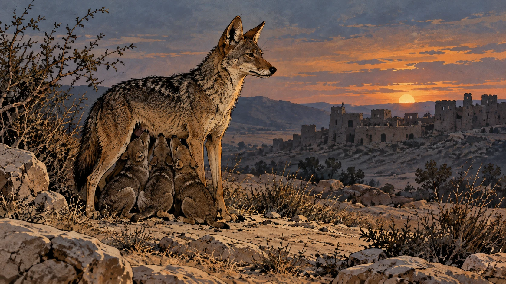 Poetic visual interpretation: Distant jackal with nursing cubs beside dry scrub, the poem's explicit animal comparison, no human cruelty shown.