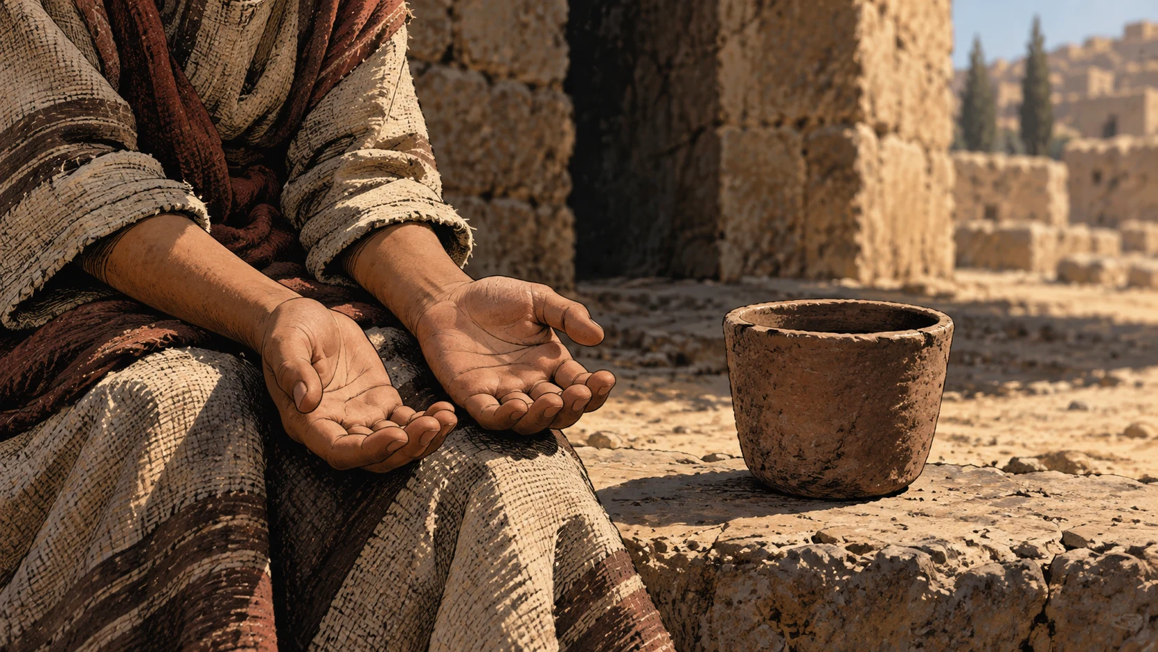 Poetic visual interpretation: A small anonymous child's empty hands beside a dry clay cup, fully clothed partial view, no emaciation or dying body.