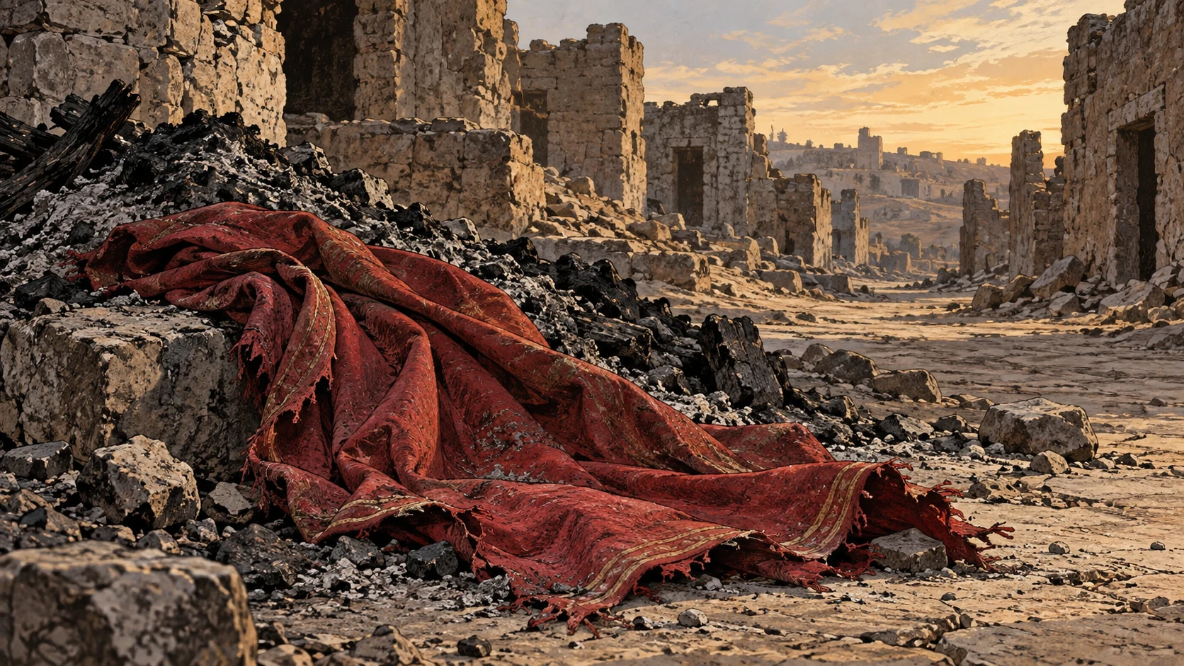 Poetic visual interpretation: A faded scarlet cloth lies beside an ash heap at an empty ruined street, former privilege lost.