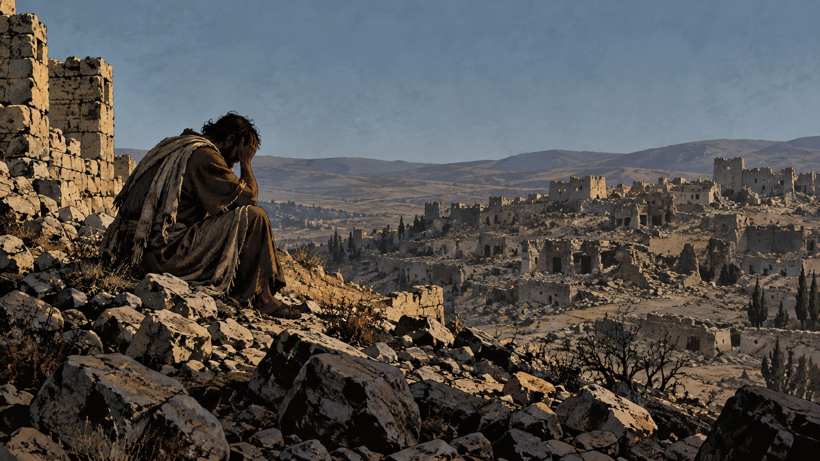 Poetic visual interpretation: A desolate ancient ridge under an empty sky, guilt and devastation, no invented Sodom burning scene.