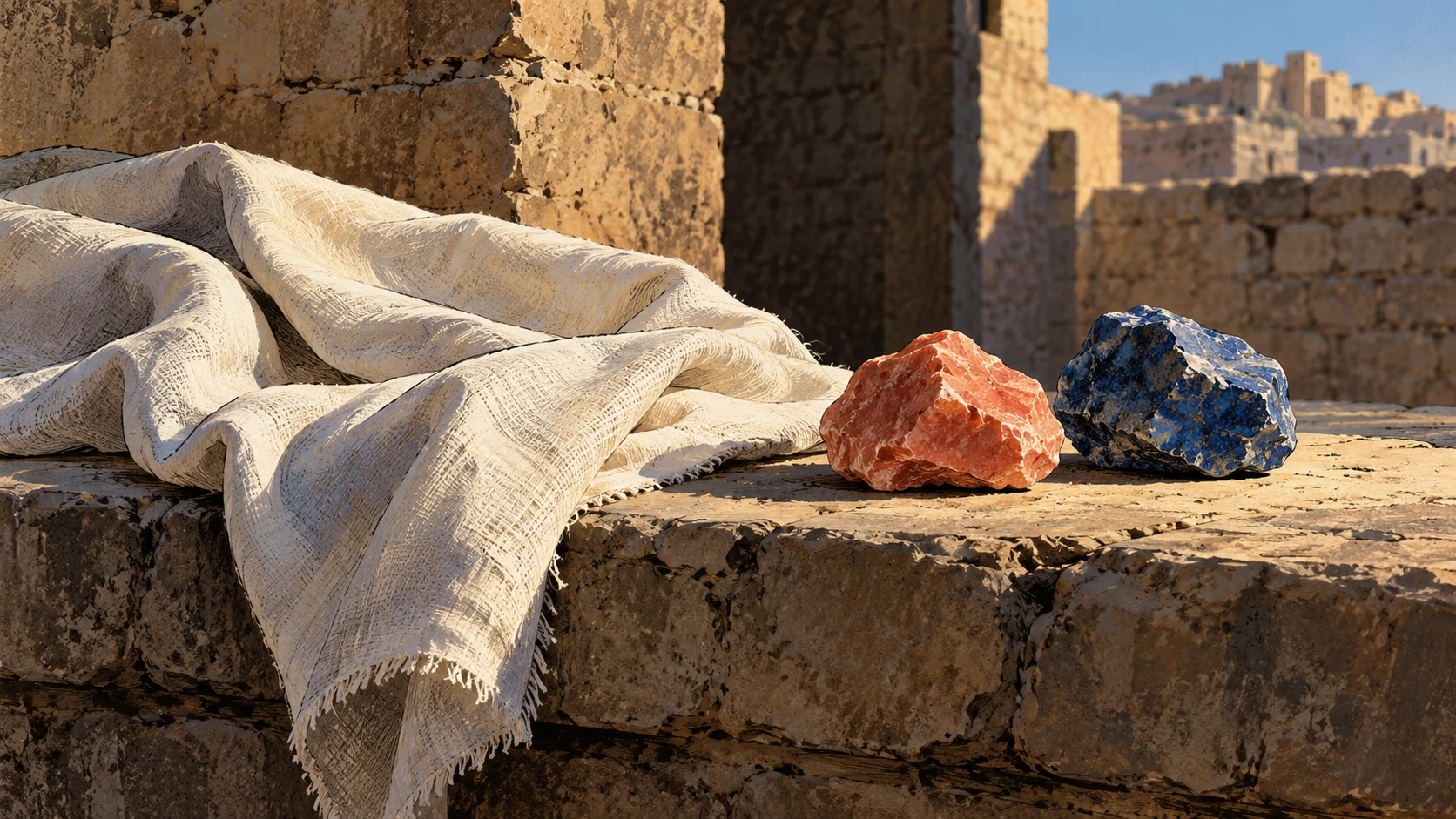 Poetic visual interpretation: A pale cloth, a coral-colored stone and blue mineral on a plain stone ledge, explicit comparative colors, no royal portrait.