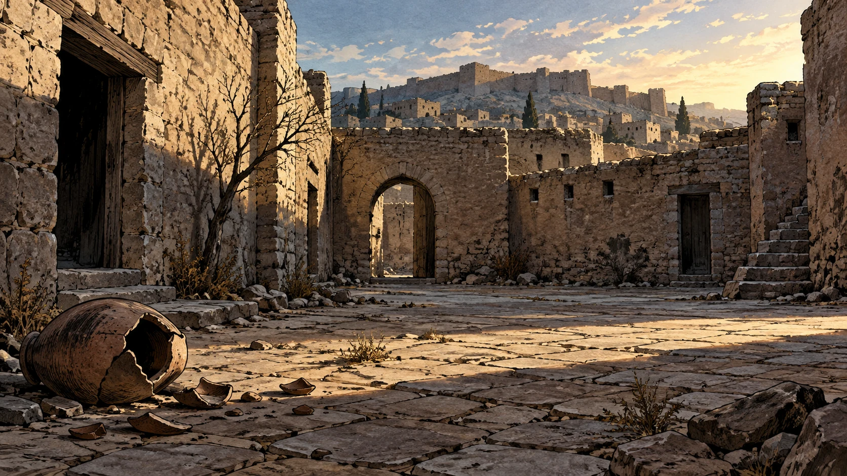 Poetic visual interpretation: Wide desolate ancient Judah courtyard, appeal through absence, no named participants.