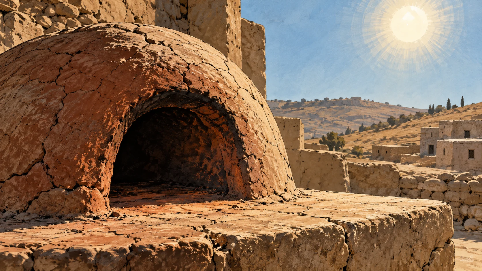 Poetic visual interpretation: Dry clay oven surface beneath harsh natural sun, hunger's heat as poetic metaphor, no burned skin.