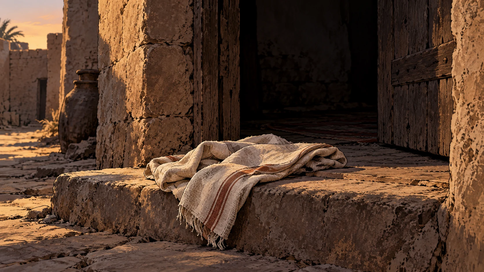 Poetic visual interpretation: A folded plain woman's cloth at a deserted threshold, respectful indirect acknowledgment of sexual violence, absolutely no attack, exposed person or abuser.