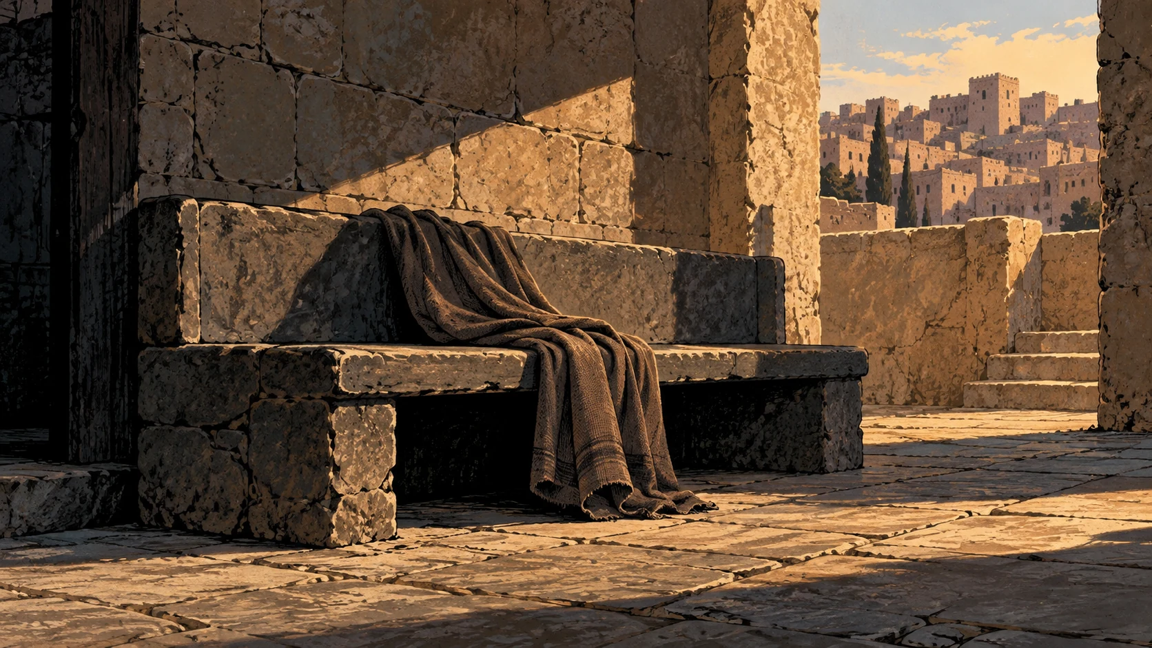 Poetic visual interpretation: Empty low elders' bench and a discarded plain mantle, indirect dishonor, no hanging body or execution.