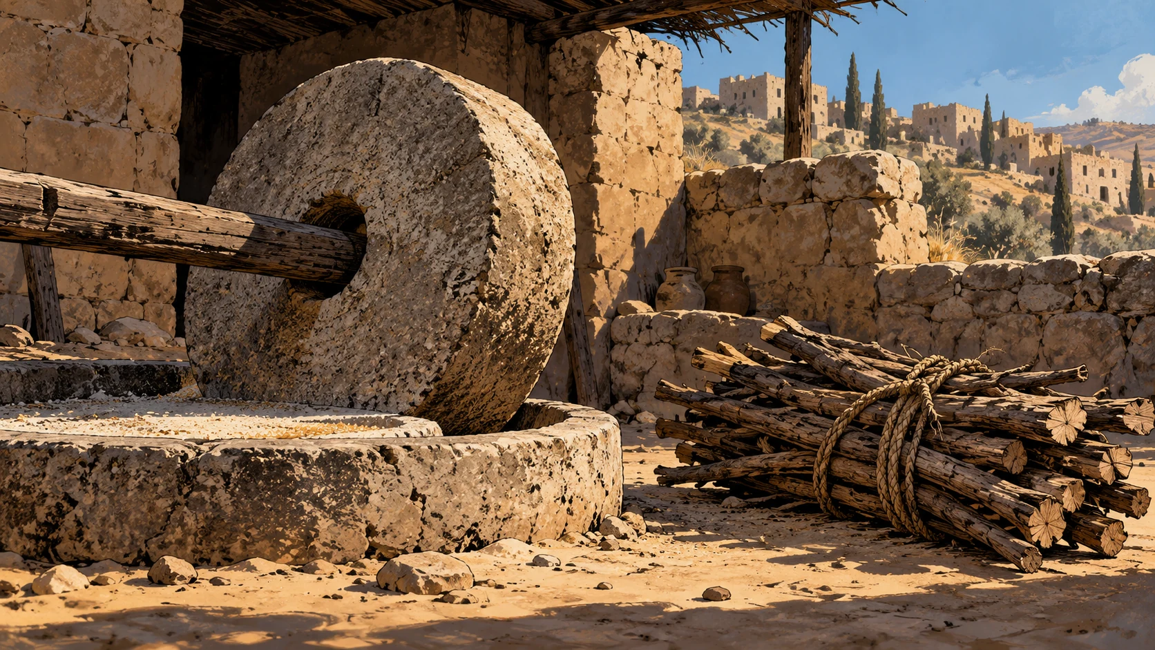 Poetic visual interpretation: A heavy ancient millstone beside a wood bundle, harsh forced labor acknowledged without a child carrying dangerous loads.