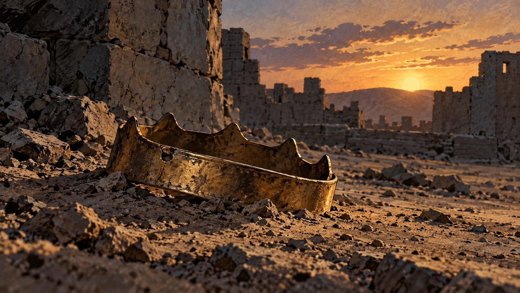 Poetic visual interpretation: A plain ancient crown-shaped circlet lying in dust, disclosed symbol of lost dignity and confession.