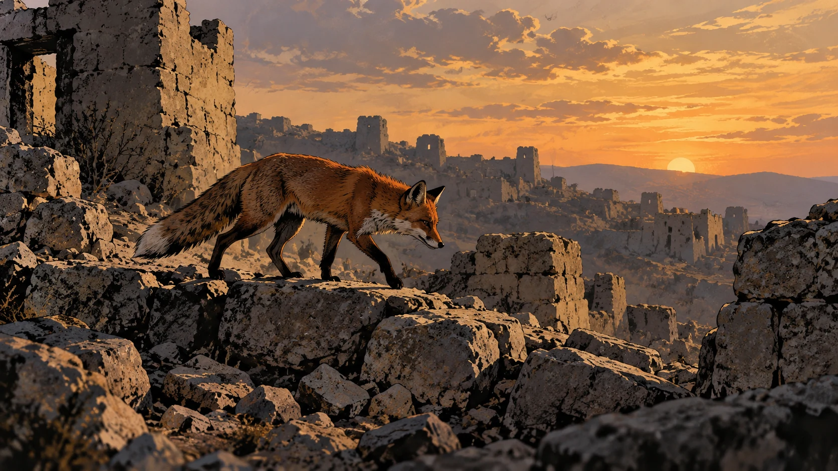 Poetic visual interpretation: A small fox walks across ruined ancient hilltop stones, no restored temple, no modern skyline.