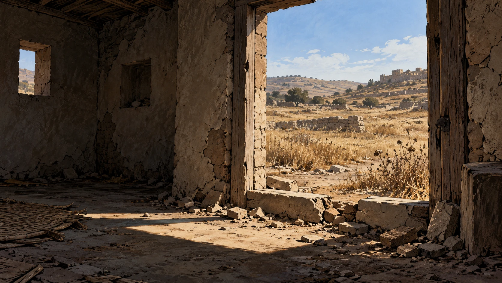 Poetic visual interpretation: Empty house with a broken threshold and abandoned field beyond, no invented foreign owner.
