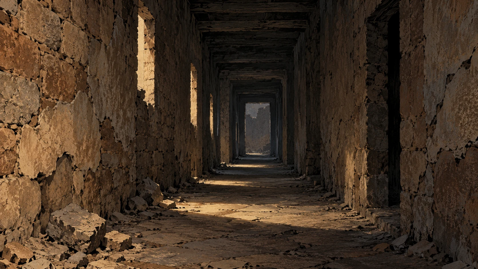 Poetic visual interpretation: A long empty ancient corridor toward a distant dim opening, prolonged abandonment without divine actor.