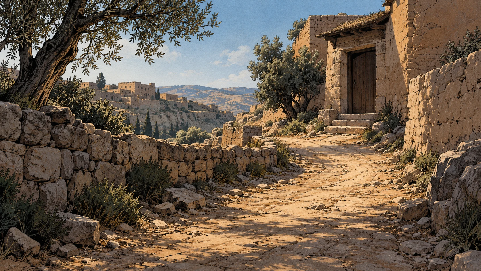Poetic visual interpretation: An empty road turning toward a modest ancient threshold under restrained daylight, restoration sought but not shown completed.