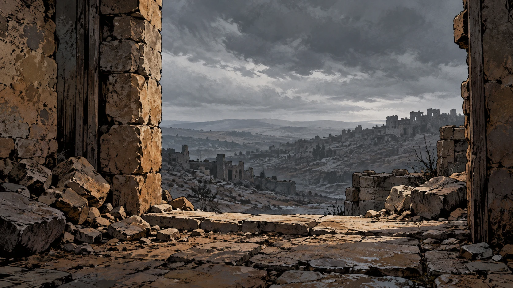 Poetic visual interpretation: A ruined threshold faces a cold unresolved horizon beneath gray sky, no sunrise triumph, no restored city, no answering figure.