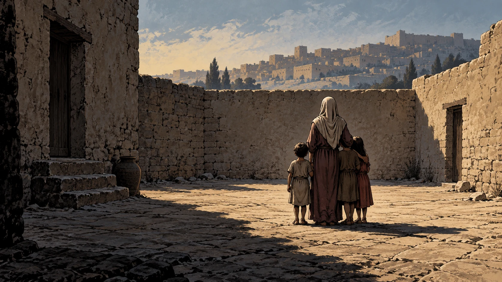 Poetic visual interpretation: Anonymous clothed mother with children seen distantly from behind in an empty courtyard, no named family or death scene.
