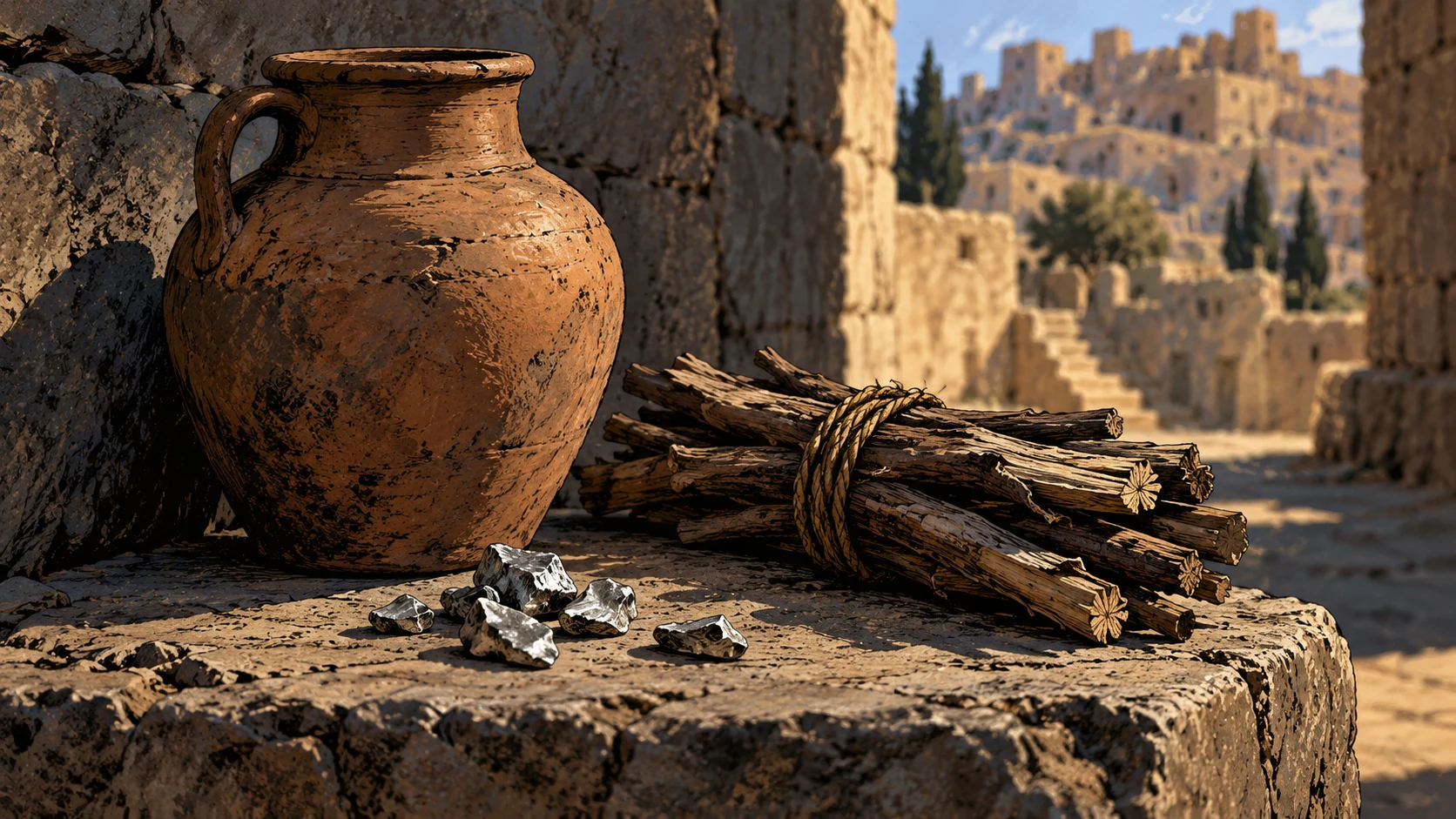 Poetic visual interpretation: Clay water jar, small wood bundle, and a few plain silver pieces on rough stone, symbolic expense, no seller.