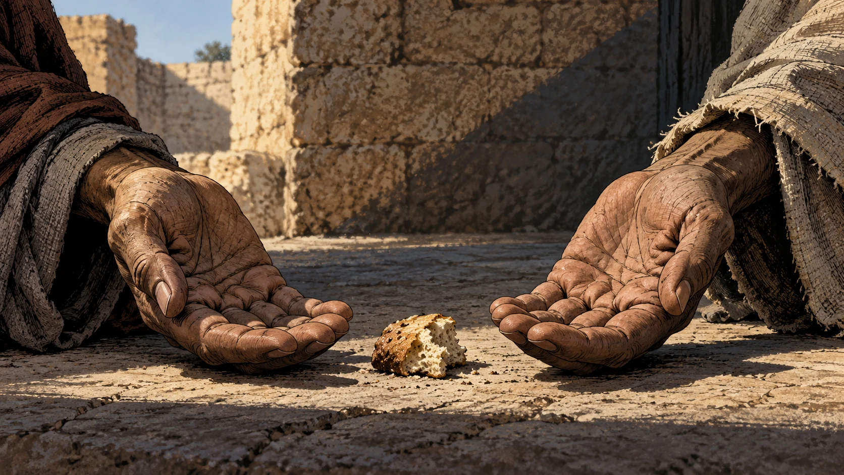 Poetic visual interpretation: Small bread portion between two empty open adult hands, disclosed dependence metaphor, no historical treaty scene.