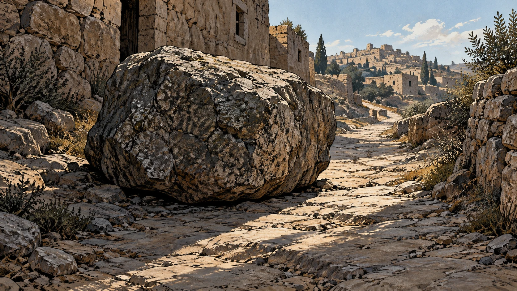 Poetic visual interpretation: An old heavy stone rests on a newer worn path, inherited burden as disclosed metaphor, no literal child under weight.