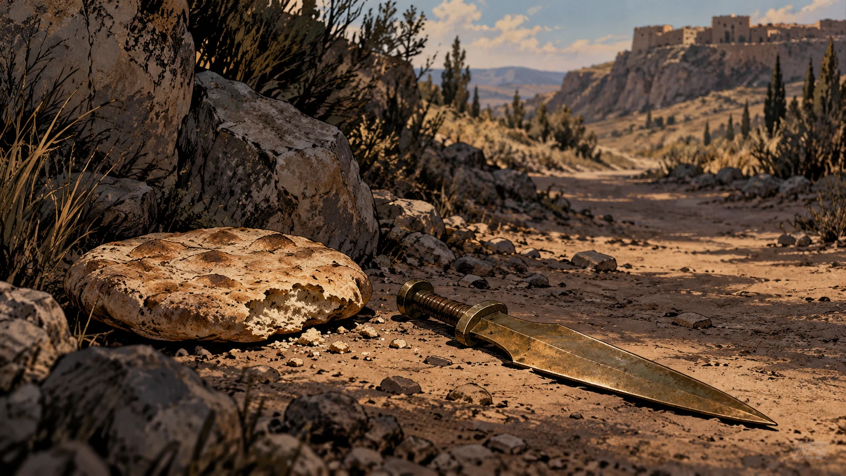 Poetic visual interpretation: Plain bread beside a rough wilderness path and an unheld ancient sword, indirect danger without fight.