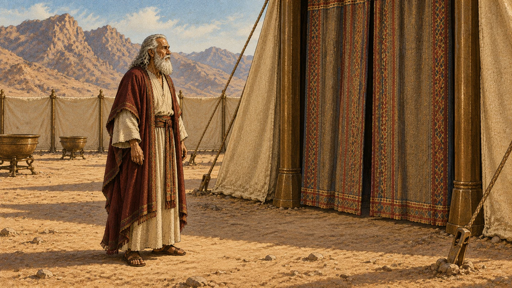 Moses stands alone before the closed entrance curtain of the tent of meeting, listening with solemn attention, hands relaxed and empty. Three-quarter side view of his face, long white hair and beard, cream robe and burgundy mantle. Soft morning light, linen courtyard and Sinai hills. No visible or embodied divine figure, no beam forming a person. No anointing gesture or flask.