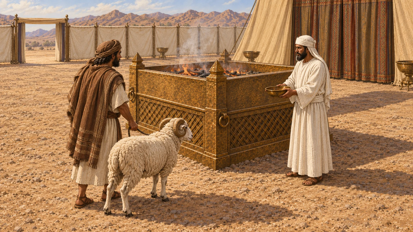 A worshipper brings one healthy male sheep to the outer altar, priest in white linen waiting with bronze bowl. Composition situates action alongside altar; no invented compass markings. Illustrates preparation for the prescribed rite.
