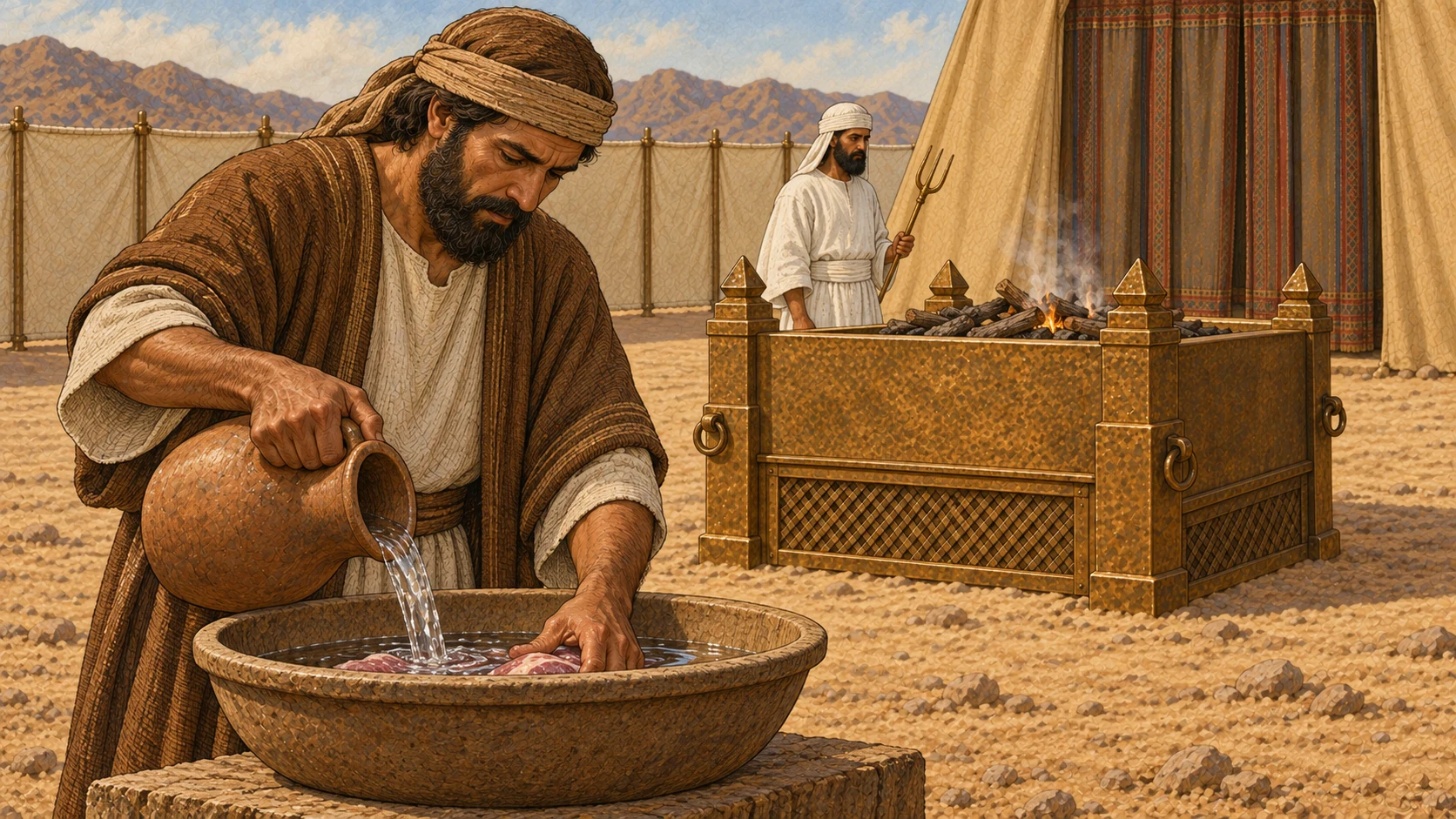 The ordinary worshipper washes prepared portions with water in an earthen basin while a white-linen priest awaits beside the bronze altar and fire. Preparation phase of the prescribed rite.