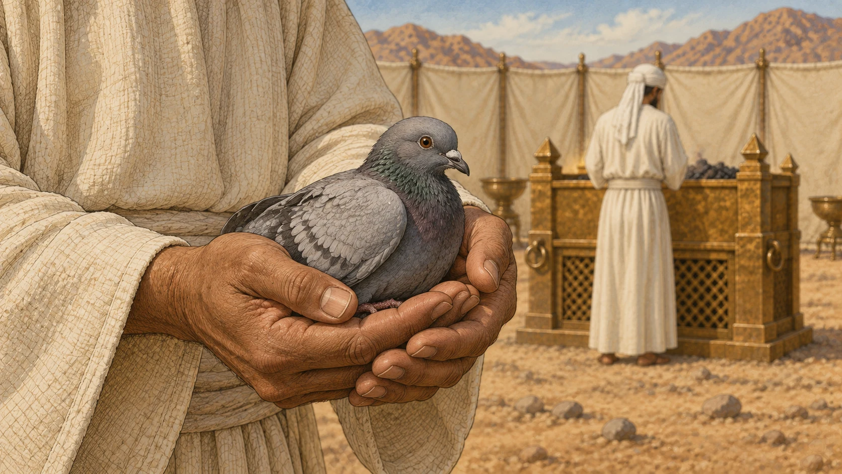 Close view of the cupped hands of an adult Israelite holding one young pigeon gently, with plain linen sleeves. Bronze altar and white-clad priest softly visible behind. Intimate dignified composition, anatomically credible bird.