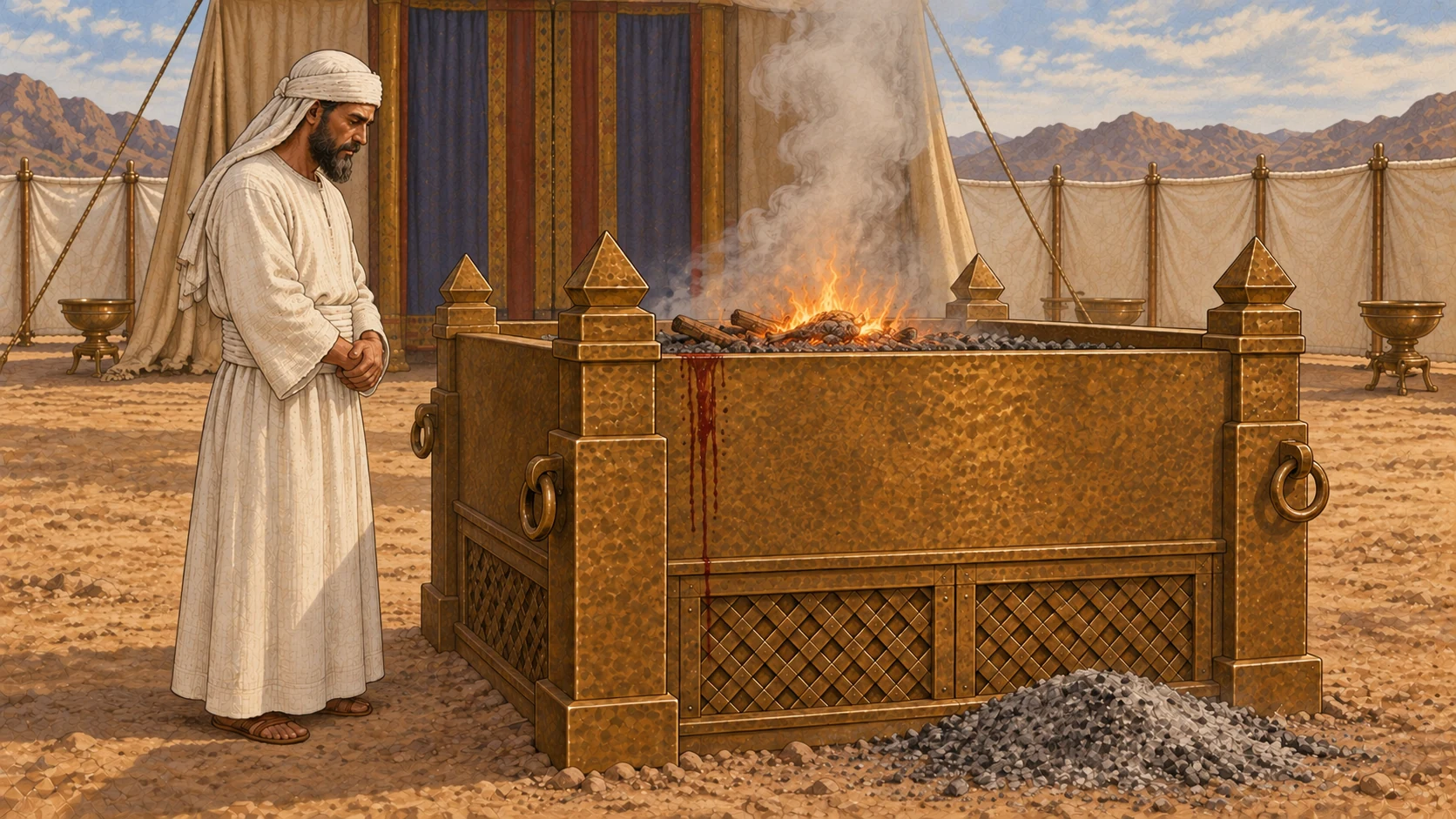 A white linen priest attends a small bird offering burning on wood atop the bronze altar. A modest ash deposit beside altar and feather traces establish disposal context; no close-up mutilation. Natural smoke and morning courtyard light. Represents the prescribed rite without claiming every step is simultaneous.