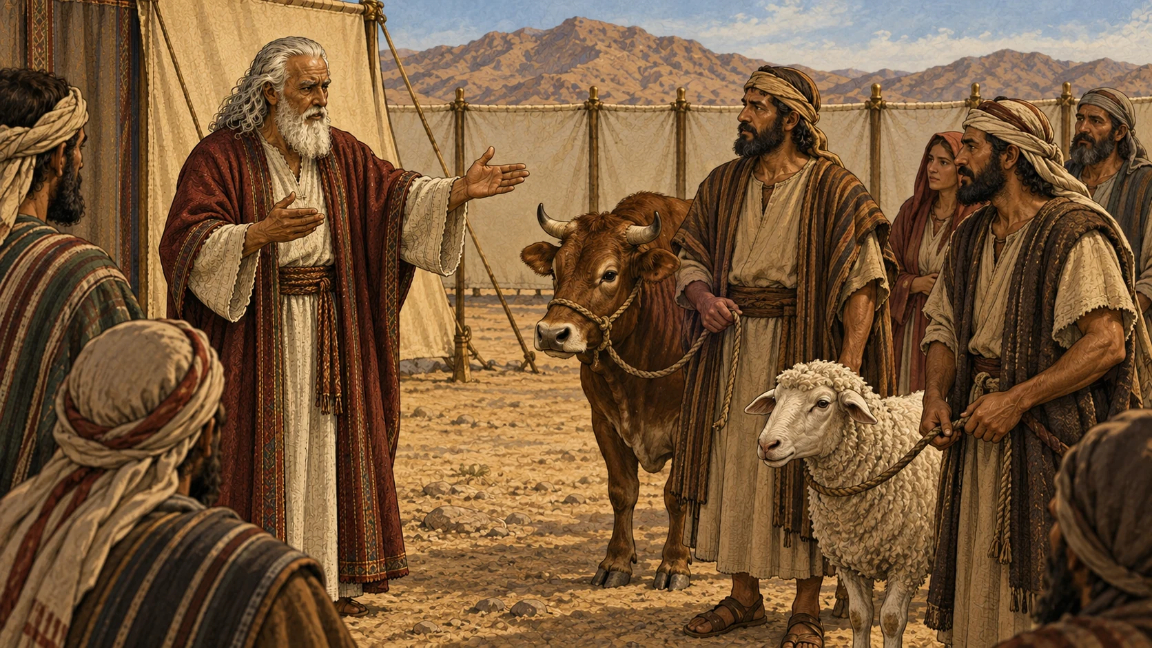 Moses instructs a small gathering of adult Israelites outside the courtyard. A herdsman stands beside a young bull, another beside a sheep. Calm attentive faces; animals clearly distinct. This illustrates instruction, not an offering already performed.