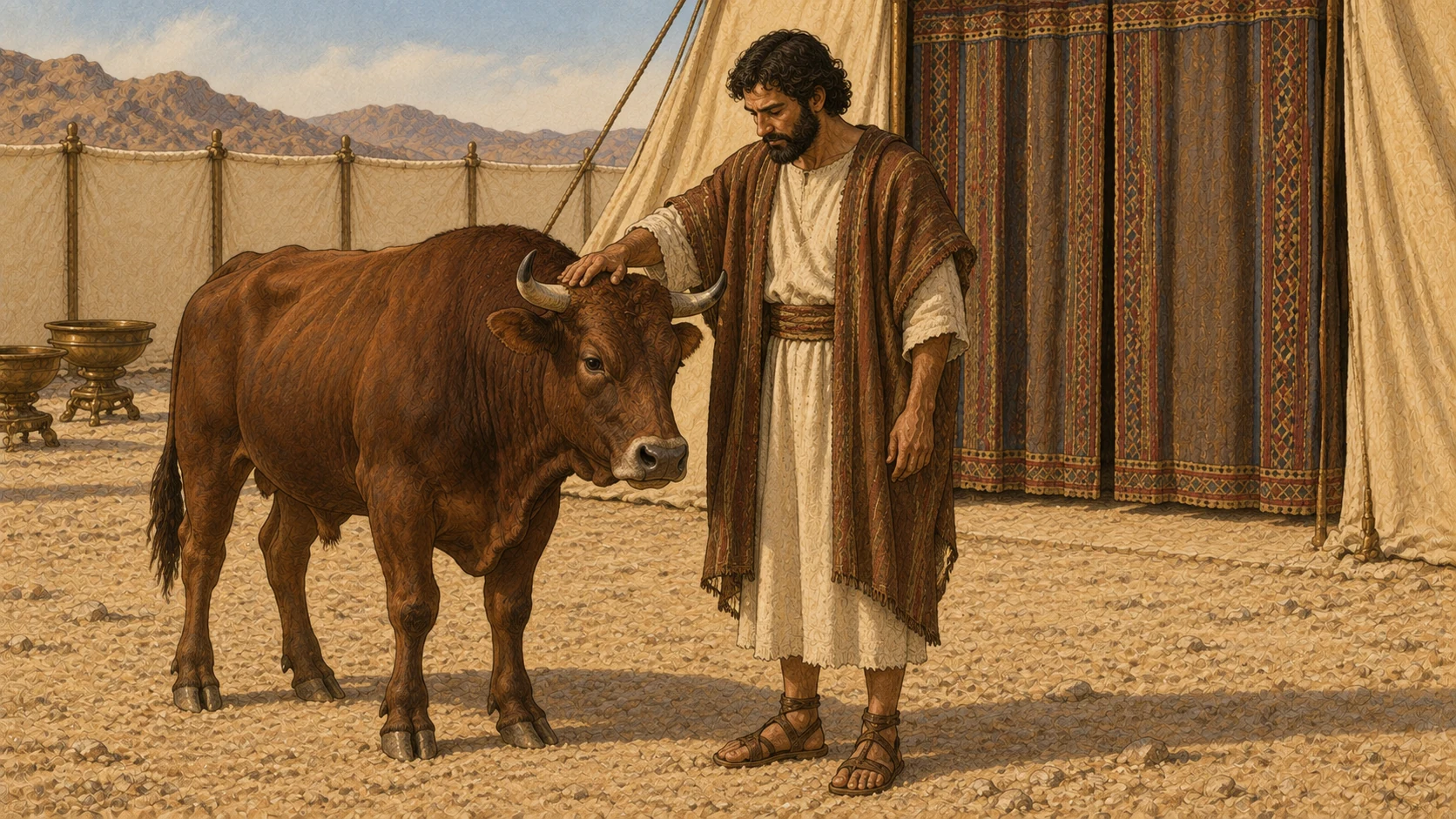 An adult Israelite in plain earth-toned linen lays one hand upon the head of an unblemished living young male bull at the courtyard entrance. The bull stands calmly in profile. The man is the worshipper, not Moses. Closed sanctuary in background.