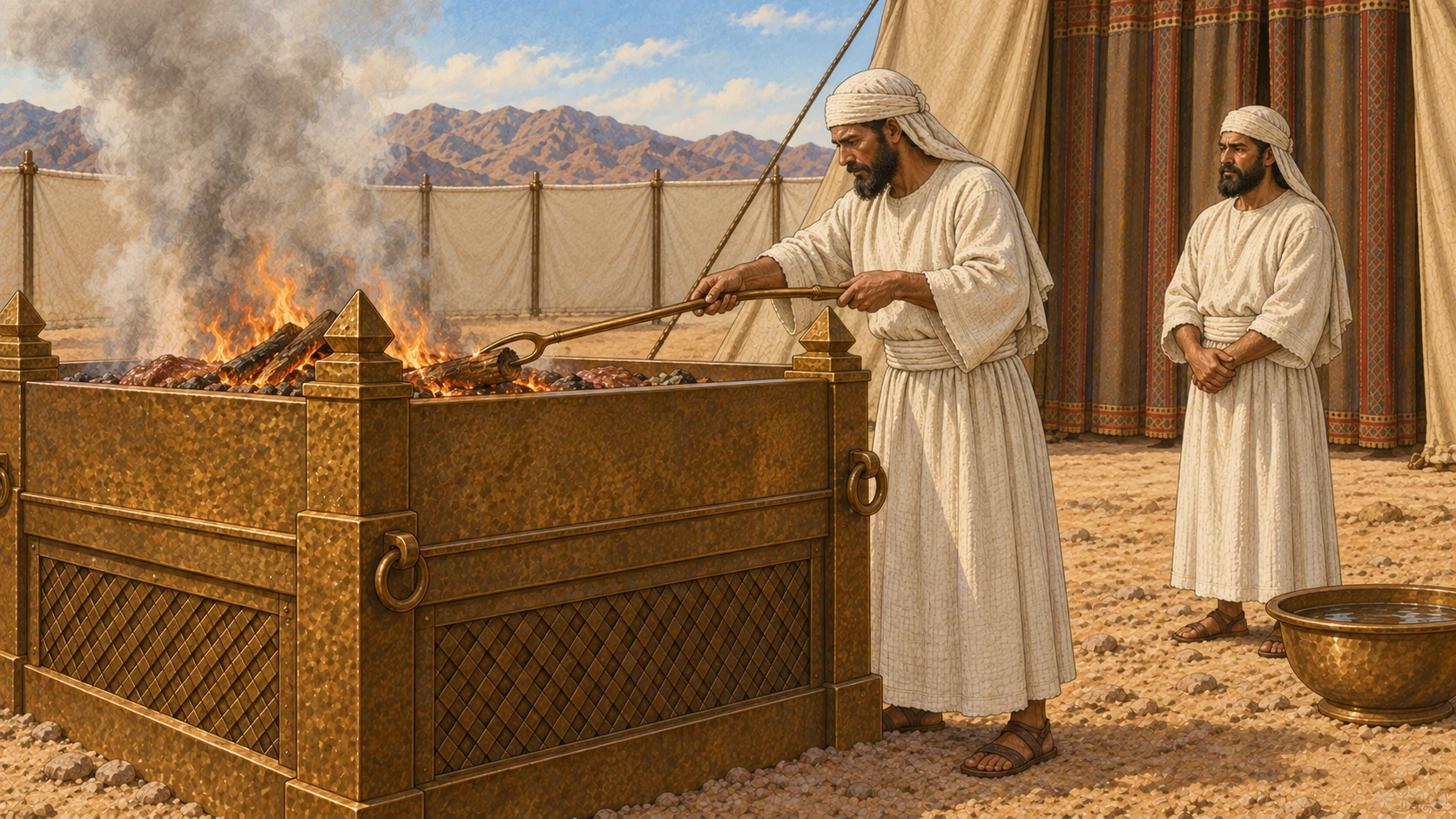 Two priests in plain white linen arrange wood and attend the burning offering on the broad bronze outer altar. A water basin beside the altar indicates washing. Smoke rises naturally. Anatomical details obscured by altar rim; reverent documentary composition.