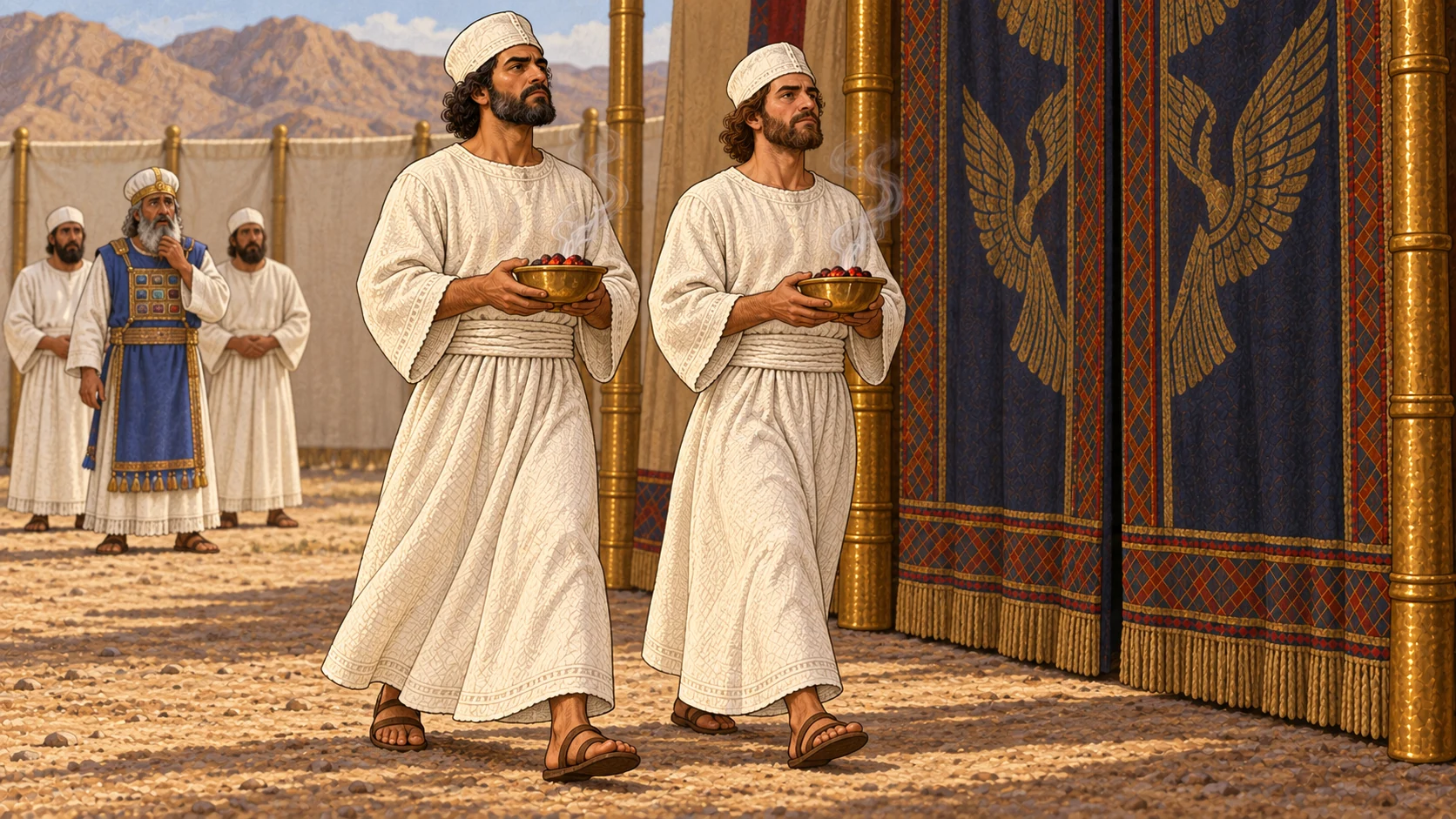 Inside the outer sanctuary court near the tent entrance, Nadab and Abihu, two adult priests in white linen tunics and caps, each hold exactly one bronze firepan containing glowing coals and incense smoke. They advance beyond the prescribed order with tense self-assurance while Aaron and other priests remain farther back. Exactly two men and two firepans in the foreground; no divine fire, injury, death, blood, gore, or visible deity yet.