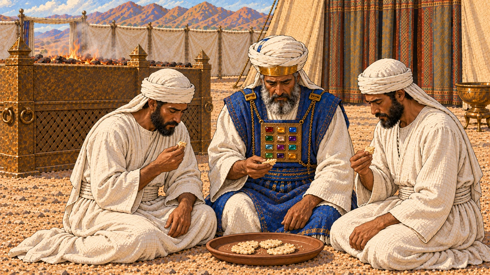 Beside the broad bronze altar in the holy courtyard, Aaron, Eleazar, and Ithamar solemnly eat a modest remaining grain offering as simple unleavened portions from one shared tray. Their priestly garments remain orderly despite grief. Exactly three adult male priests; no daughters, meat, risen bread, feast abundance, blood, bodies, or ordinary camp setting.