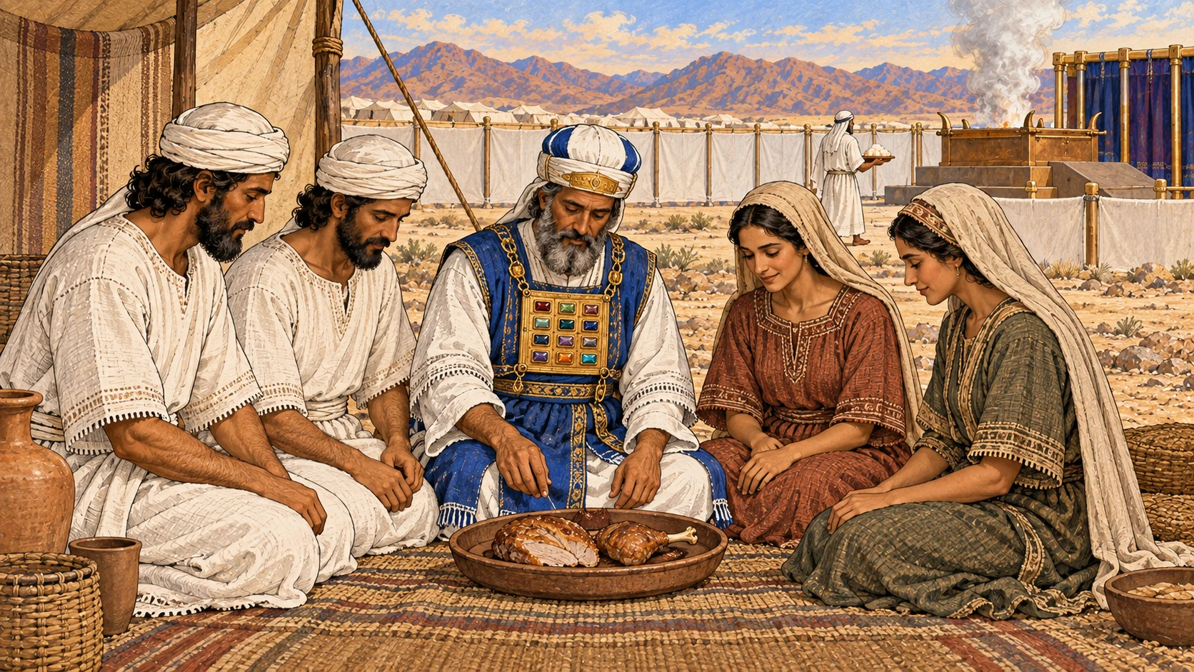 In a clean family area beside the sanctuary, Aaron, his adult sons, and his adult daughters share the cooked wave-offering breast and exactly one right thigh from a modest tray. A second tray with pale fat portions is being carried toward the distant altar by an Israelite worshipper. Include women as Aaron's daughters and distinguish this clean place from the inner holy court; no children, raw meat, blood, gore, extra thighs, or lavish feast.
