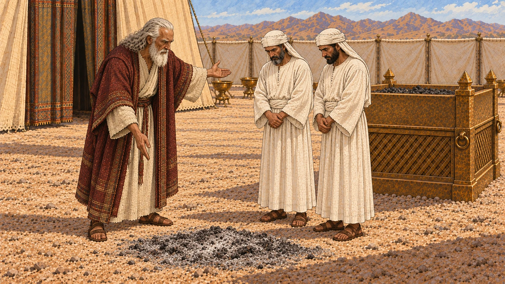 Near the broad bronze altar, Moses discovers a small bed of ashes where the people's sin-offering goat was completely burned. He turns with controlled anger toward Eleazar and Ithamar, pointing from the ashes toward the holy courtyard where the portion should have been eaten. The two priests listen in grief and restraint. No carcass, blood, gore, shouting text, active inferno, or visible deity.